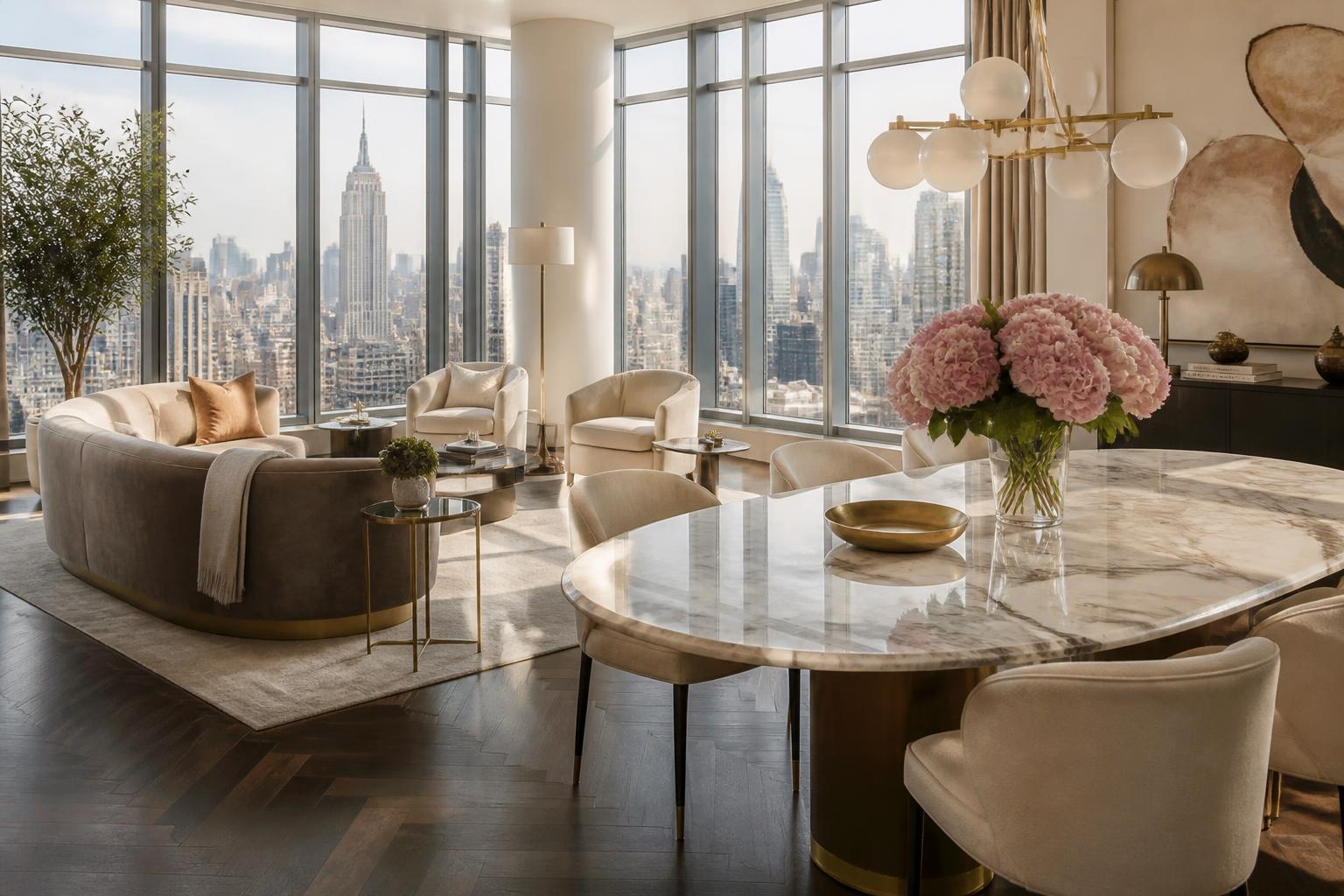 Luxury New York City living and dining room with skyline views