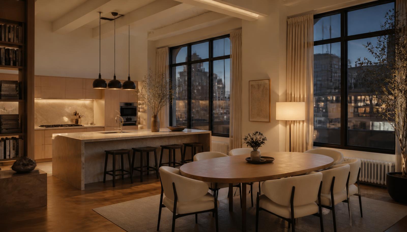 Warmly lit furnished New York City loft with dining area at dusk