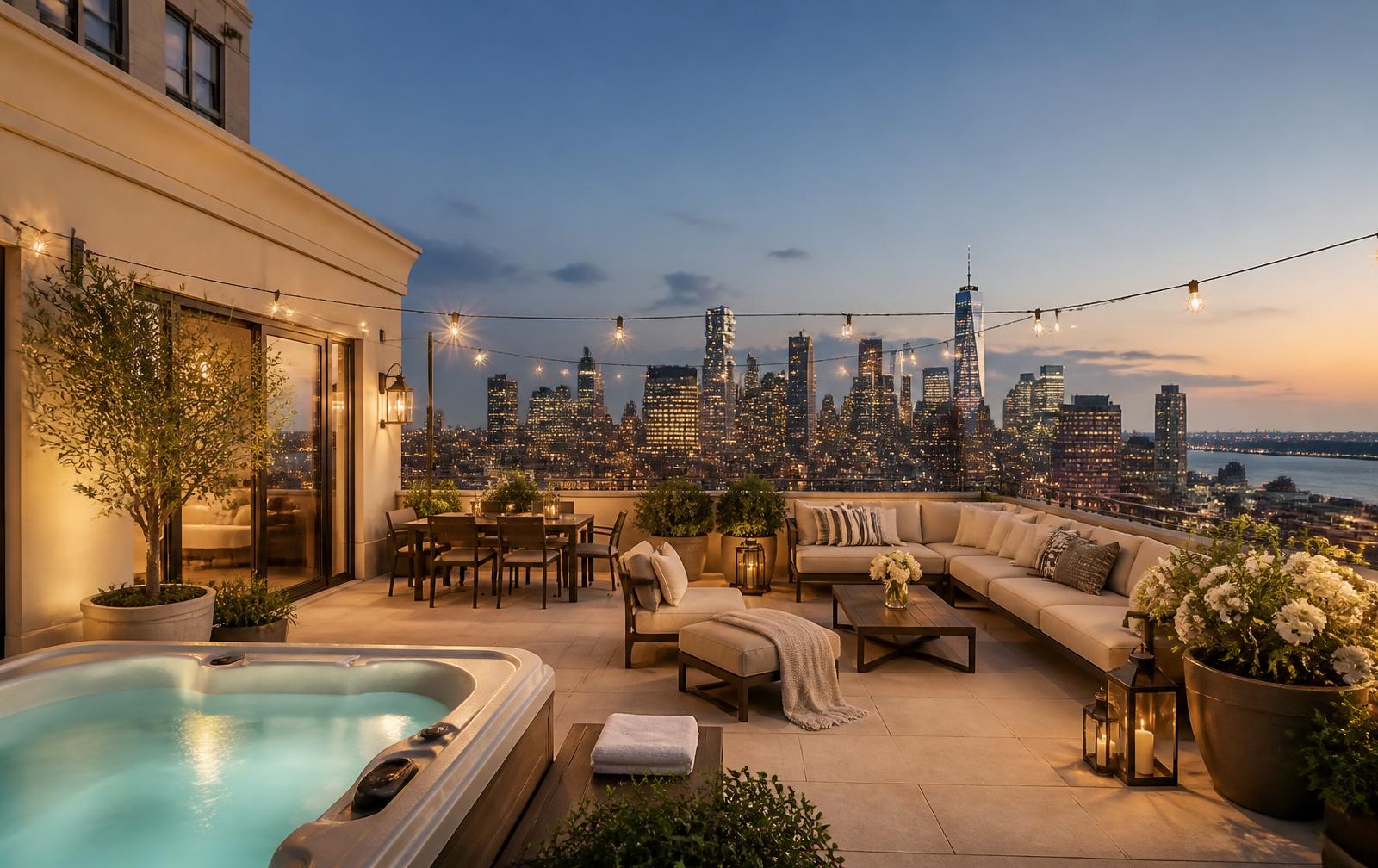 Luxury rooftop terrace with hot tub overlooking the New York City skyline