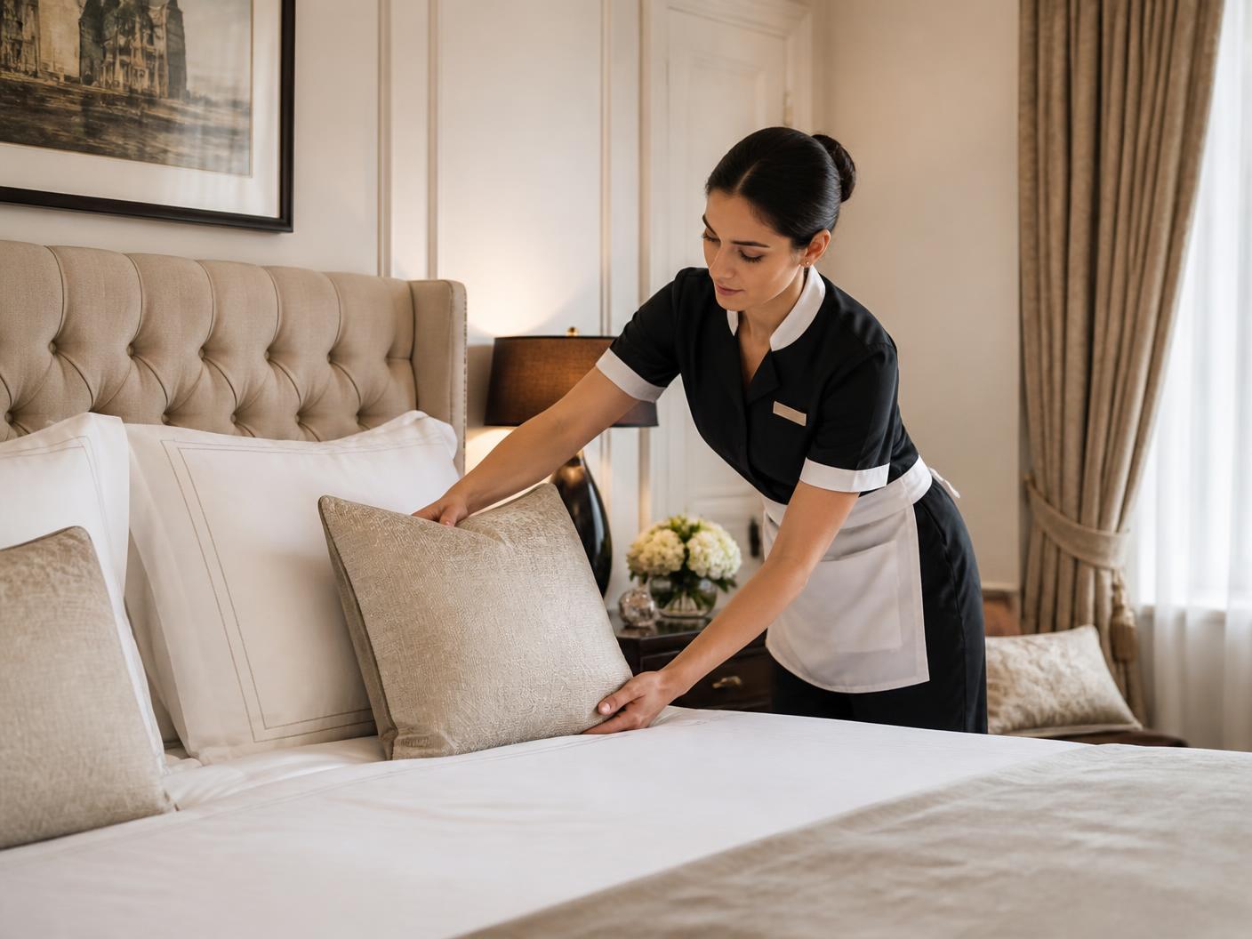 Housekeeping professional preparing fresh linens in an elegant furnished bedroom