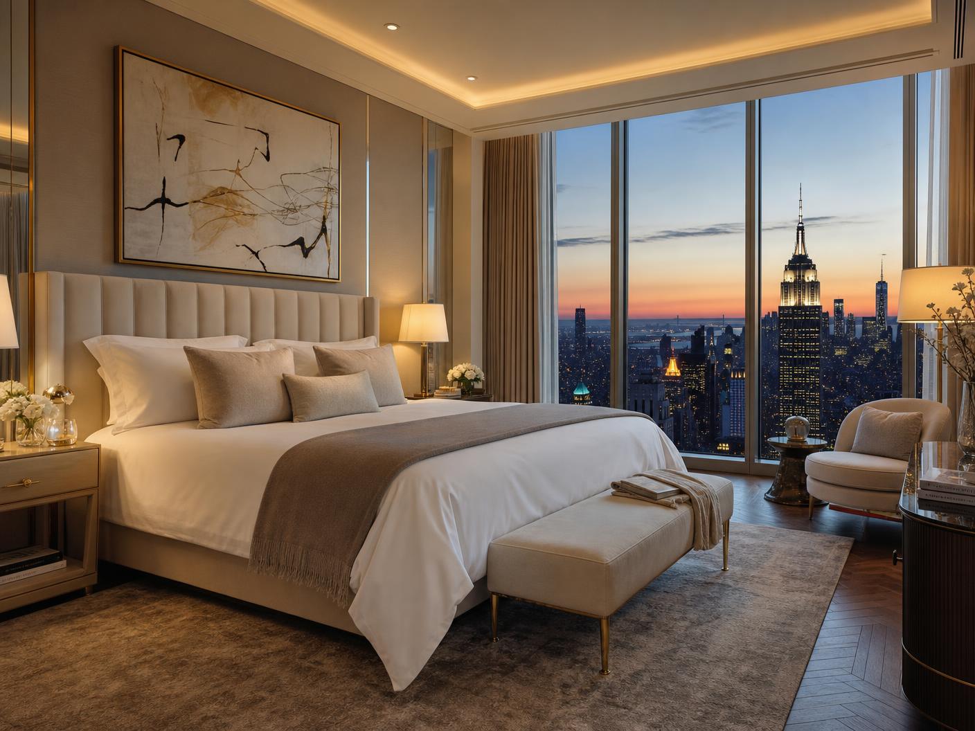 Luxurious master bedroom in a high-rise New York City residence with floor-to-ceiling windows overlooking the Manhattan skyline at twilight